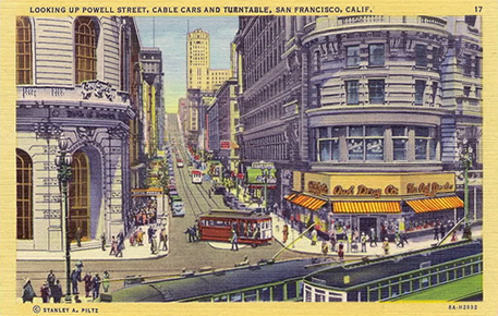 postcard: looking up Powell Street, Cable Cars and Turntable
